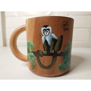 Wooden Cup Monkey Mug Hand Painted Costa Rica